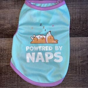 💞 New Size Small “Powered By Naps” Puppy Dog Tee Shirt with Sleepy Corgi Design